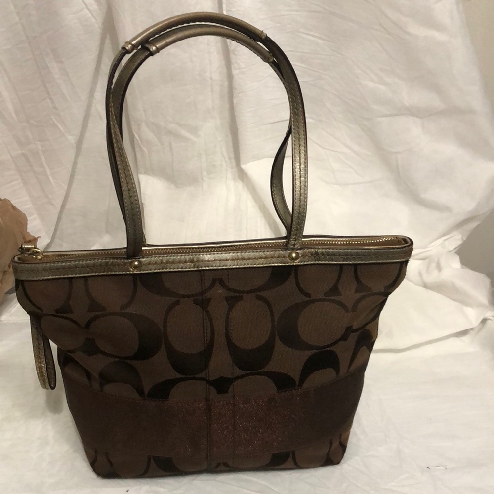 Coach Brown Signature Canvas Tote with Metallic Trim
